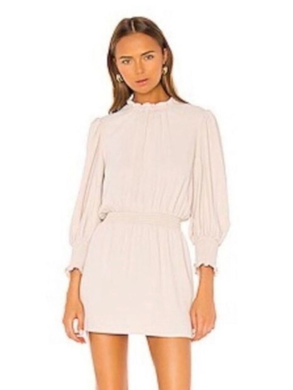 Amanda Uprichard Vista Ruffled Shirred Mini Dress Small Party Neutral Minimalist